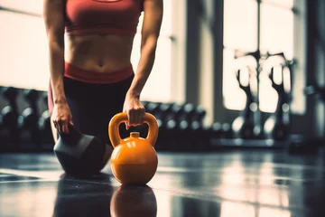 Foto op Aluminium Close up kettlebells with woman exercise workout in gym fitness breaking relax after sport training with protein shake bottle background. Healthy lifestyle bodybuilding and muscles, Generative AI © Focal Imaging