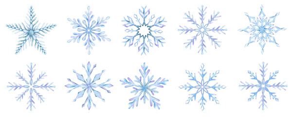 Set of snowflake. Watercolor Isolated illustration. Holiday traditional decoration, symbol of winter and cold weather. For card, poster, greeting, postcard, invitation, banner.