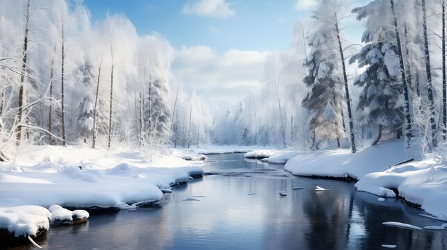 landscape beautiful white sky frozen illustration forest water, river frost, reflection background landscape beautiful white sky frozen