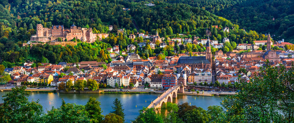 Landmarks and beautiful towns of Germany - medieval historc Heidelberg , panoraic view with Karl Theodor bridge and castle.