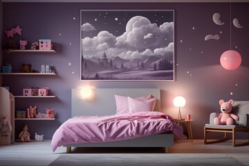 Interior of stylish children's room with comfortable bed with purple elements.