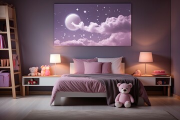 Interior of stylish children's room with comfortable bed with purple elements.