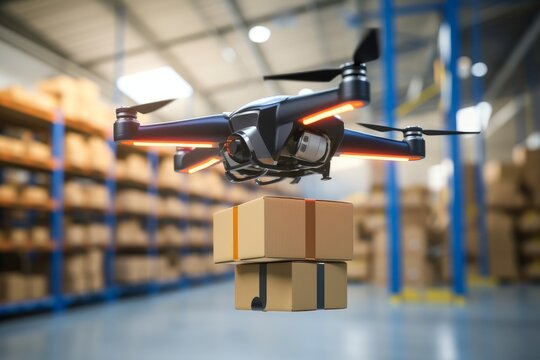 Spare part delivery drone at garage storage in leading automotive car service center for delivering mechanical shipping component part assembling to customer. Modern innovative technology,GenerativeAI