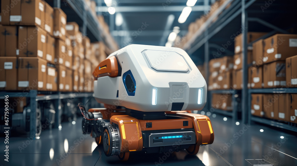 Poster automation robot work delivery cardboard boxes in distribution logistics center.