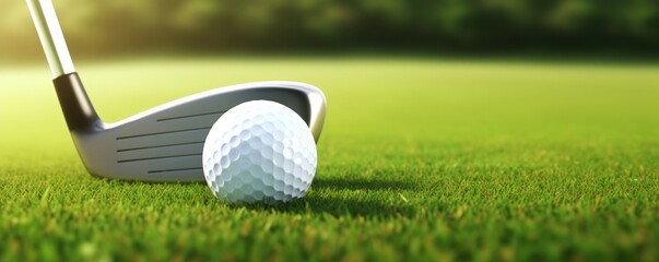Golf ball and golf club with fairway green background. Sport and athletic concept. 3D illustration rendering, Generative AI - obrazy, fototapety, plakaty
