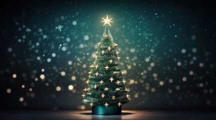 beautiful Christmas tree with Christmas lights, glass mosaic, shiny and glittery, dark green background, copy space