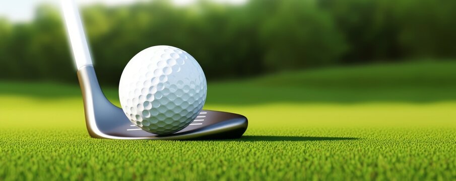 Golf ball and golf club with fairway green background. Sport and athletic concept. 3D illustration rendering, Generative AI