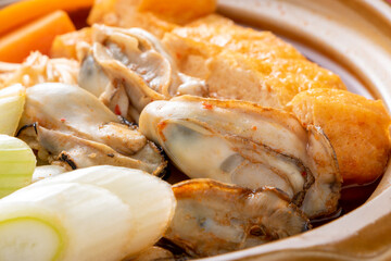 牡蠣のキムチ鍋のアップ。
