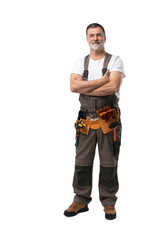 portrait of mature happy handyman isolated on transparent background