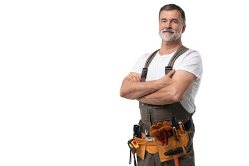 portrait of mature happy handyman isolated on transparent background - 677591023