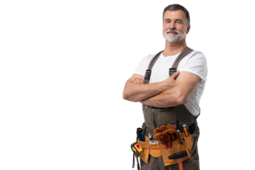 portrait of mature happy handyman isolated on transparent background