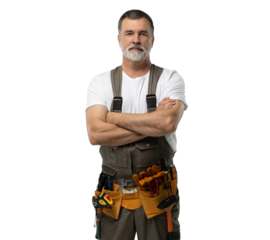 portrait of mature happy handyman isolated on transparent background