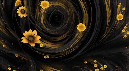 This abstract image features a swirling pattern of gold flowers on a black background. The leaves are arranged in a way that creates a sense of movement and energy.