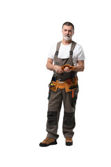 portrait of mature happy handyman isolated on transparent background