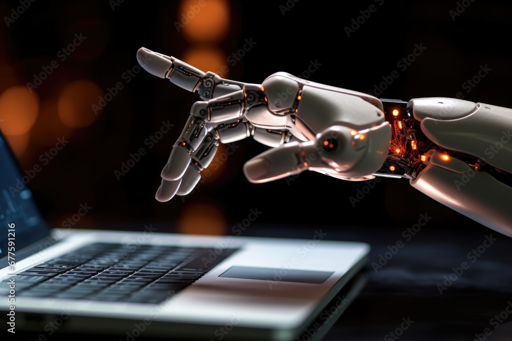 Aufkleber hand of futuristic robot press the button on keyboard. conceptual technology design.