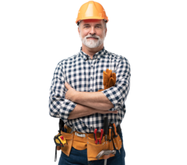 portrait of mature happy handyman isolated on transparent background