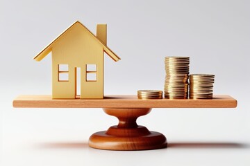 Wooden house and golden coin on balancing scale on white background. Real estate business mortgage investment and financial loan concept. Money-saving, Generative AI