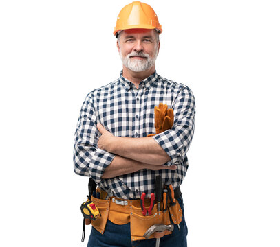 portrait of mature happy handyman isolated on transparent background