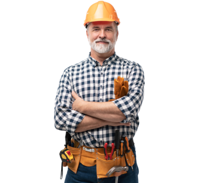 portrait of mature happy handyman isolated on transparent background