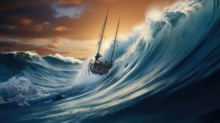 Yacht riding the giant wave of the sea, Braving the storm at sea. - obrazy, fototapety, plakaty
