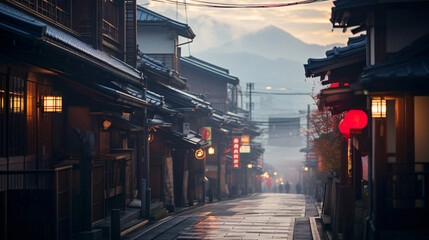 日本的な古都の風景、歴史的な町と道 - obrazy, fototapety, plakaty
