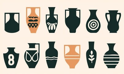 Ancient pottery set. Ceramic vase jar amphora silhouettes abstract shapes, hand drawn isolated icons.  illustration, Generative AI - obrazy, fototapety, plakaty