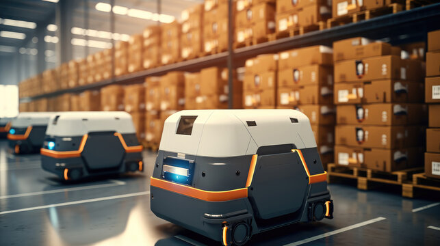 Automated Retail Warehouse AGV Robots with Infographics Delivering Cardboard Boxes in Distribution Logistics Center.