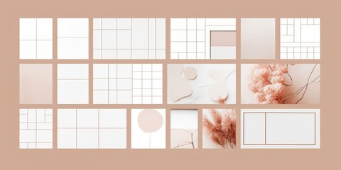 Moodboard grid. Mosaic photo collage layout abstract minimalist blank photography album page mockup.  isolated set, Generative AI - obrazy, fototapety, plakaty