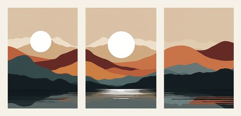 Abstract landscape collage. Minimalist posters mountains lake sea moon sun, contemporary  wall art design for print, Generative AI