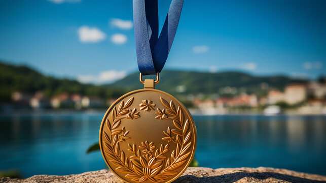 gold medal on blue background HD 8K wallpaper Stock Photographic Image 