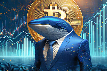 A large whale comes out of the water in the background investment charts and Bitcoin symbol. - obrazy, fototapety, plakaty