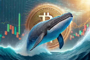 A large whale comes out of the water in the background investment charts and Bitcoin symbol.