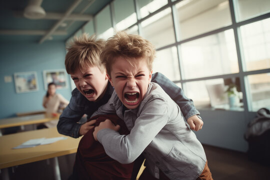 Two school boys fight in a classroom. Kids aggression and bullying concept.