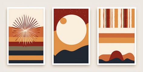 Abstract sun moon posters. Contemporary backgrounds, set of covers modern boho style. Mid century wall decor,  art print, Generative AI