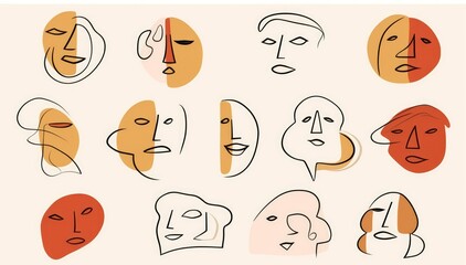 Continuous one line faces set. Contemporary abstract shapes with doodle hand drawn people face picasso matisse style.  art, Generative AI