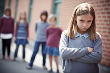 Offended girl is ignored by her school friends. Kids communication problem, bullying at school.