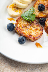 French toast sweet breakfast berries, banana pancakes fresh delicious cooking appetizer meal food snack on the table copy space