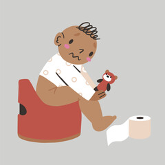 The child sits on the potty and has difficulties. Baby is accustomed to the potty. Toilet time, potty time. Cartoon cute little kid using pot, child learning to use toilet. Personal childish hygiene.