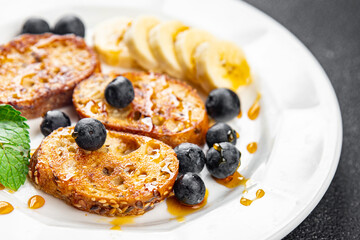 French toast sweet breakfast berries, banana pancakes fresh delicious cooking appetizer meal food...