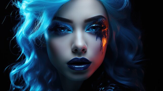 Woman with neon blue makeup, Dark background.