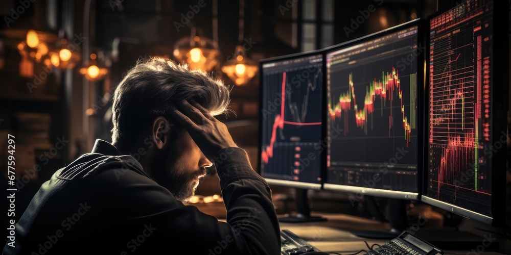 Aufkleber a man trader staring at a computer screen displaying plummeting stock prices, reflecting the financi