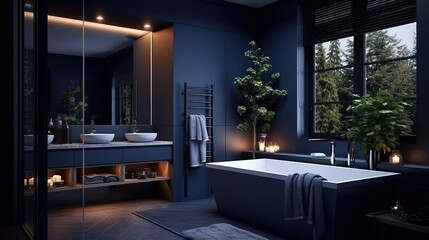 Bathroom, dark blue monochrome colors. Interior design