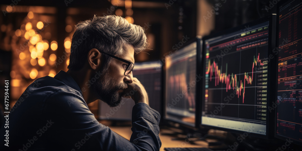 Poster a man trader staring at a computer screen displaying plummeting stock prices, reflecting the financi