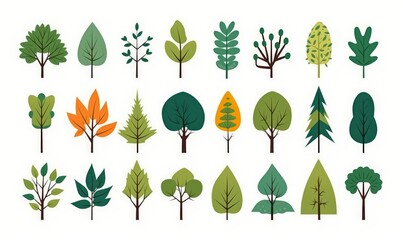Simple trees. Cartoon forest plants with foliage, minimal bush shrub, botanical garden nature elements.  flat set, Generative AI