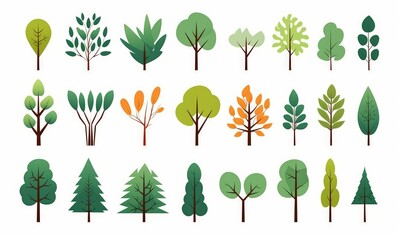 Simple trees. Cartoon forest plants with foliage, minimal bush shrub, botanical garden nature elements.  flat set, Generative AI - obrazy, fototapety, plakaty