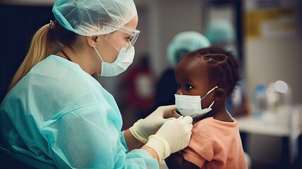 Young doctor with a newly arrived African child on a boat, putting a mask on him after a medical checkup.
