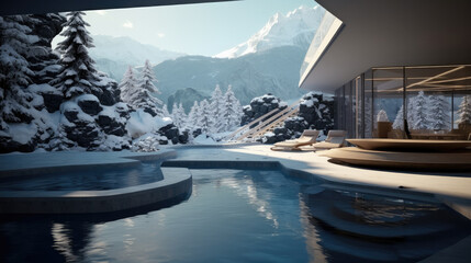 Thermal spa with inside outside spaces in an alpine setting. - obrazy, fototapety, plakaty