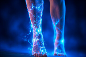 Close-up of leg with varicose veins disease. Glowing image - obrazy, fototapety, plakaty