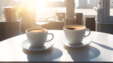 Coffee drinks in white cups on a office counter, sunshine early day