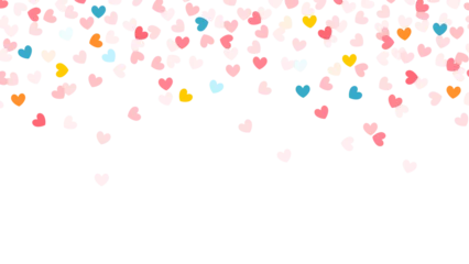 Poster Heart confetti with copyspace. Wedding invitation template. Colorful hearts confetti falling. Transparent PNG illustration. © Tupungato